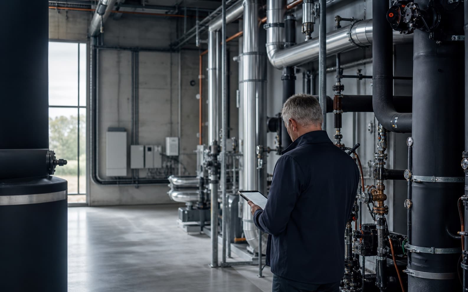 A technical specialist reviewing connected building infrastructure